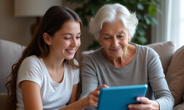 Seorang remaja perempuan mengajar seorang wanita tua cara menggunakan tablet.